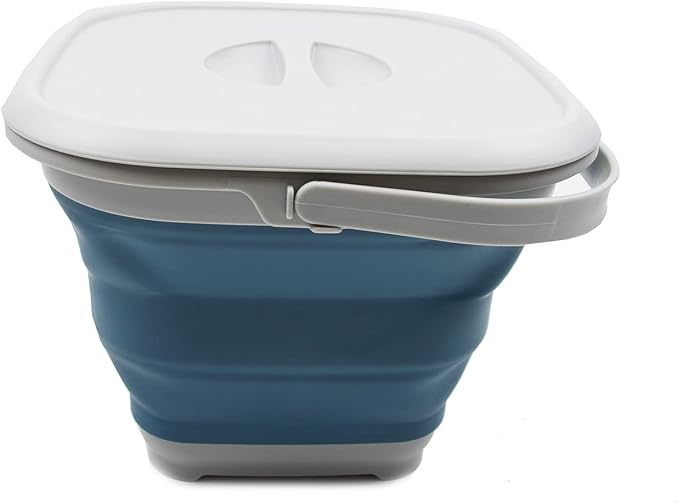 SAMMART 8.5L (2.2 gallon) Collapsible Square Handy Bucket with Lid/Foldable SquareWater Pail with Lid/Portable Tub with Handle and Lid. Size 31x31cm (Grey/Steel Blue, 1)