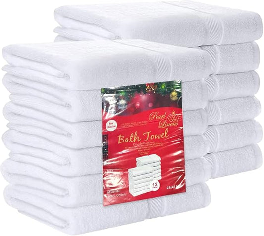 Pearl Linens Pack of 12 100% Cotton Bath Towels – 22x44 Quick-Dry, Lightweight, Soft & Absorbent Bathroom Towels for Spa, Gym, Hotel & Shower – Bulk White Towel Set