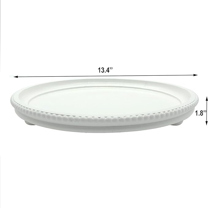Round Wood Decorative Tray, Small Beaded Tray for Dresser Coffee Table Kitchen Corner Dinning Table, Modern Round Wooden Tray for Centerpiece (White, 13.4''X13.4'')