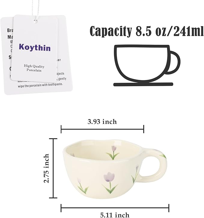 Koythin Ceramic Coffee Mug, Handmade Hot Chocolate Mugs, Cute Cup for Girl Women, Aesthetic Tea Milk Cup with Handle, 8.5 oz/250 ml for Latte, Cocoa, Office, Home (Purple Tulip)