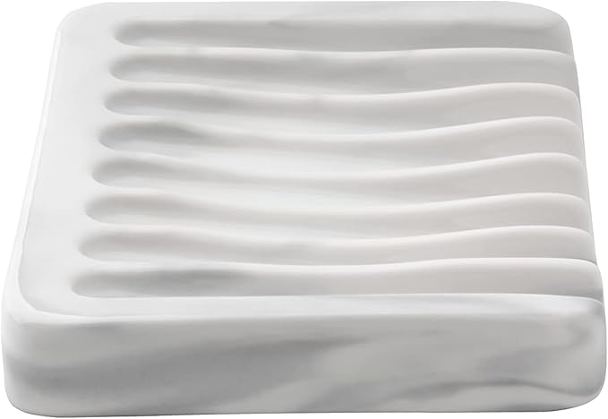 Ceramic Soap Dish for Sink,Self Draining Soap Dishes Saver for Shower Bar Soap Holder for Bathroom Soap Container Holder Dish for Kitchen,Marble Decor,White