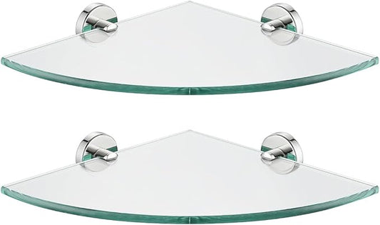 JQK Corner Glass Shelf, Polished Chrome Bathroom 304 Stainless Steel Shower Triangle Floating Wall Shelf, 10 x 10 Tempered Glass, 2 Pack, TGS190L10-CH-P2