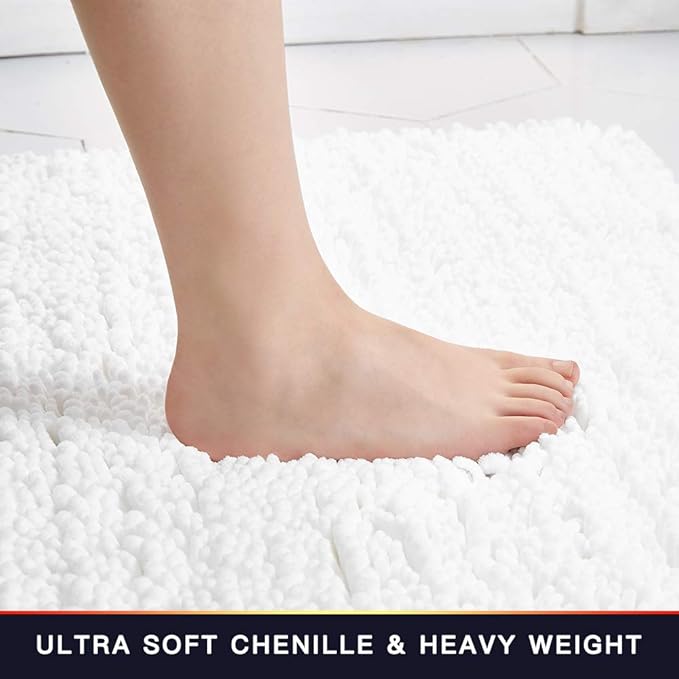 Walensee Bathroom Contour Rug Non Slip Toilet U Shaped Bath Mat (20x24, White) Water Absorbent Super Soft Shaggy Chenille Machine Washable Dry Extra Thick Perfect Absorbant Best Plush Carpet