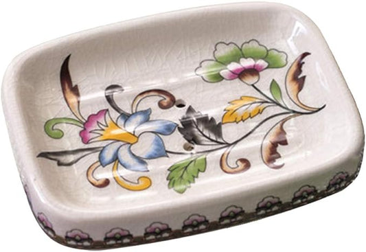 Ceramic Soap Dish Creative Ice Crack Ceramic Clorful Flower Pattern Soap Dish Holder for Bathroom and Shower Soap Tray Box with Drain Gift for Mum Family
