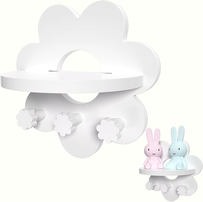 Floating Shelf for Wall, Hanging Display Wall Shelf with Hooks Wooden Daisy Flower Shelf for Bathroom Living Room Bedroom Wall Decor, White