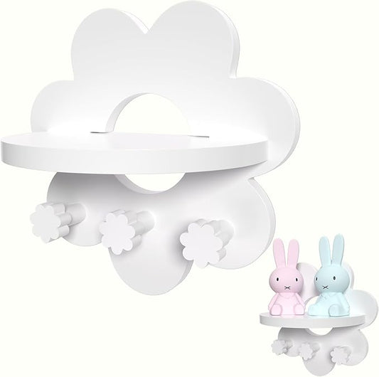 Floating Shelf for Wall, Hanging Display Wall Shelf with Hooks Wooden Daisy Flower Shelf for Bathroom Living Room Bedroom Wall Decor, White