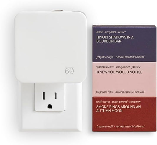 Plug in Diffuser Home Fragrance Seasonal Starter Kit - Scent Diffuser Refills for Small Spaces - 3 Essential Oil Based Fragrances - Jasmine, Hinoki, and Cinnamon - Founded by Hilary Duff