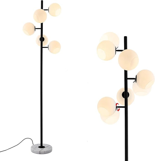KCO Lighting Five Globe Mid Century Modern Floor Lamp 5Light Milk Glass Floor Lamp Contemporary Black Standing Lamp Industrial Tree Floor Lamp Marble Base Floor Lamp for Living Room, T1013-B