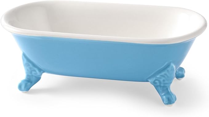 6.5" Ceramic Mini Decorative Clawfoot Bathtub Bar Soap Dish, Kitchen Sponge Holder and Shower Tray for Bathroom, 1 Pack(Pacific Blue)