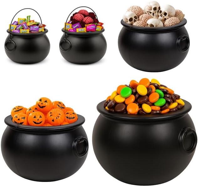 PMU 5pc- (22",16",12", 8",6") Halloween Cauldron Pot Kettle, Black Plastic Witch Cauldron, Halloween Party Candy Holder, Indoor & Outdoor Decorations
