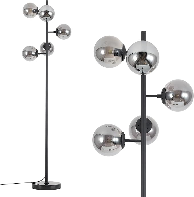 KCO Lighting Smoked Glass Modern Globe Farmhouse Black Standing Multi-Head Floor Lamps for Living Room, Bedrooms, Office