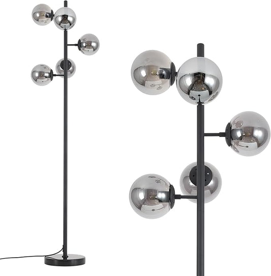 KCO Lighting Smoked Glass Modern Globe Farmhouse Black Standing Multi-Head Floor Lamps for Living Room, Bedrooms, Office