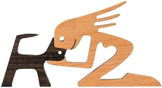 Handmade Wooden Unique Gift for Dog Lover, Wooden Woman and Dog Carving Statue, Wood Sculpture Home Office Tabletop Figurine Carved Wood Decor (E)