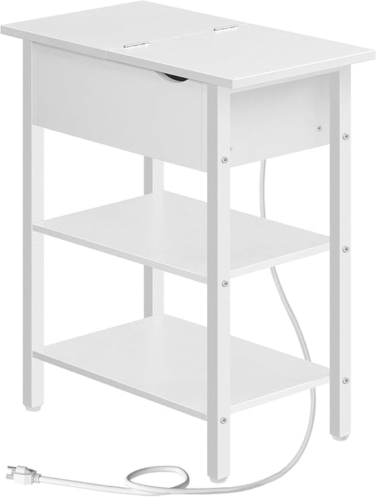 HOOBRO End Table with Charging Station, Narrow Side Table, Flip Top Nightstand with USB Ports and Outlets, Bedside Tables with Shelf for Small Spaces, Living Room, White WT341BZ01