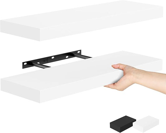 Bellsal Floating Shelves for Wall, White Engineered Wood Wall Shelf Set of 2, 24" Wall Mounted Floating Shelf for Kitchen, Living Room, Bedroom, Bathroom Storage, Book Shelf for Home Decor