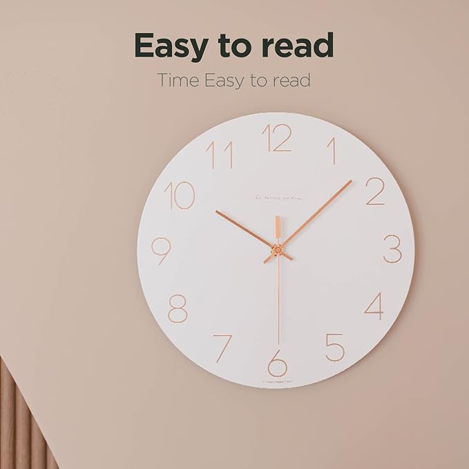 mooas Flatwood Wall Clock (Rose Gold),12" Non-Ticking Sweep Movement Decorative Battery Operated Wall Clock for Home Living Room Kitchen Bedroom Office School