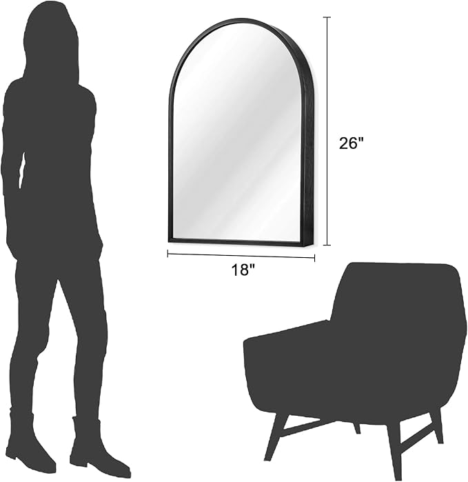 Arch Wall Mirror Bathroom Mirror Black Metal Framed Mirror, Arched Wall Mounted Vanity Mirror for Bedroom Entryway Living Room 26"x18"