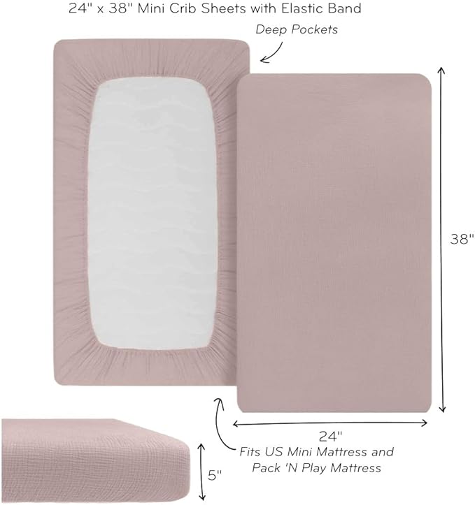 Denmark - Super Soft Muslin Mini Crib Sheets - 24'' x 38'' - 100% Organic Baby Crib Sheets for Boys and Girls (Blush)