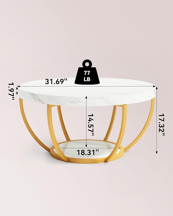 LITTLE TREE Round Coffee Table, 32" Circle Faux Marble Coffee Tables for Living Room, 2-Tier Golden Metal Legs Accent Center Table with Open Storage Modern Design Home Furniture (White and Gold)