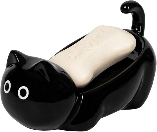 Bar Soap Holder, Cute Ceramic Cat Soap Dish - Self Draining - Small Shower Bar Soap Holder for Soap Bar Holder for Shower, Dish Soap Holder, Soap Dish for Shower (Black)