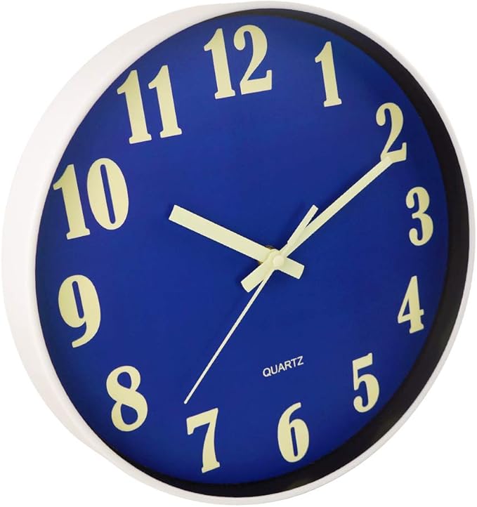 JoFomp Glow in The Dark Clock, 12 Inch Modern Silent Non Ticking Wall Clocks Battery Operated, Night Light Wall Clock for Living Room Decor, Wall Clock Decorative for Kitchen Bedroom (Blue)