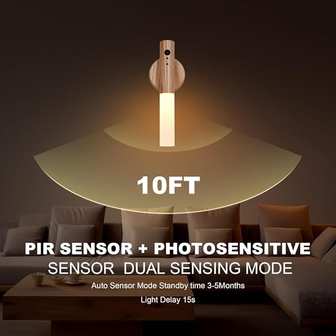 LANDGOO RGB Motion Sensor Night Light, Magnet Body Hallway Atmosphere Lamp, Battery Powered Rechargeable LED Portable Wooden Wall Sconce (RGB Ash Wood 1PC)
