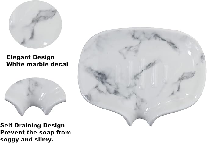 Ceramic Marble Texture Soap Dish, Self Draining Slot, Portable for Shower, Bathroom & Kitchen Sink