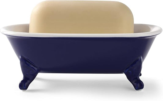 6.5" Ceramic Mini Decorative Clawfoot Bathtub Bar Soap Dish, Kitchen Sponge Holder and Shower Tray for Bathroom, 1 Pack(Navy Blue)