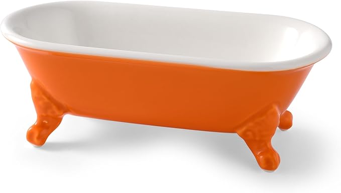 6.5" Ceramic Mini Decorative Clawfoot Bathtub Bar Soap Dish, Kitchen Sponge Holder and Shower Tray for Bathroom, 1 Pack(Tangerine)