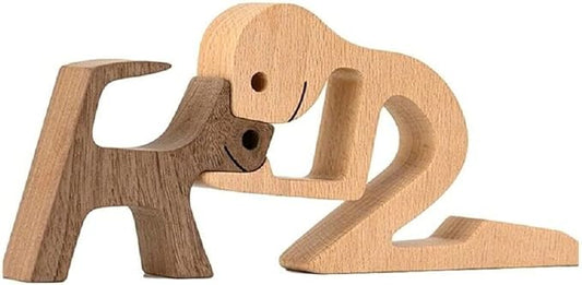 Unique Gift Hand Carved Wood Dog Human Statue Figurine Sculpture Home Office D飯r, Wooden Man Dog Carving Model to Remember Friendship Between Dog and People (D)