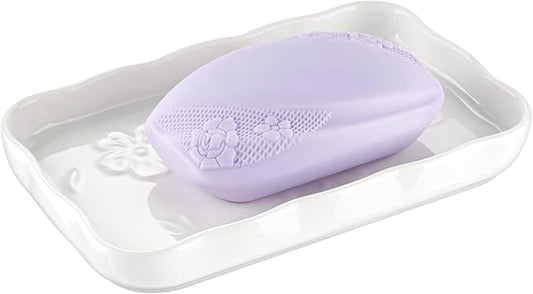 NiHome Ceramic Soap Dish for Bathroom or Kitchen Sink, Raised Floral Design Compact Size 5.7"x3.6"x0.78", Easy to Clean Moisture-Resistant Smooth Surface, Versatile Use for Soap, Jewelry & Accessories