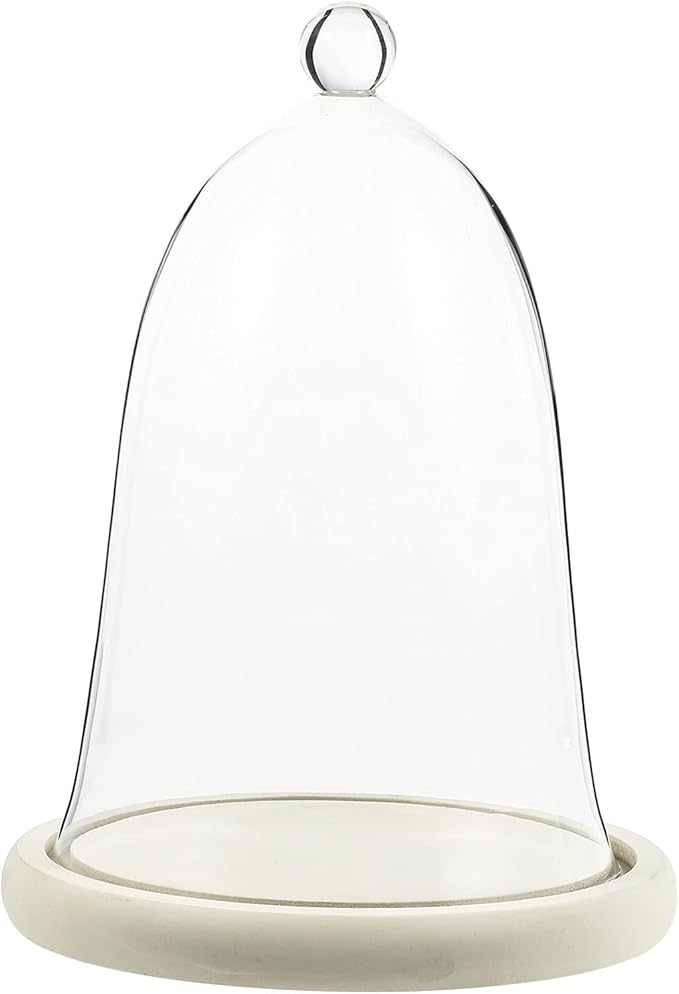 Clear Glass Dome Cloche with Rustic Wooden Base Antique Bell Jar Display Dome for Plants Succulents Fairy Lights Photos Medals Decorative Fill and More White