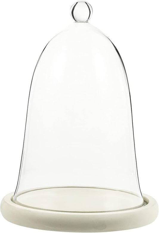 Clear Glass Dome Cloche with Rustic Wooden Base Antique Bell Jar Display Dome for Plants Succulents Fairy Lights Photos Medals Decorative Fill and More White