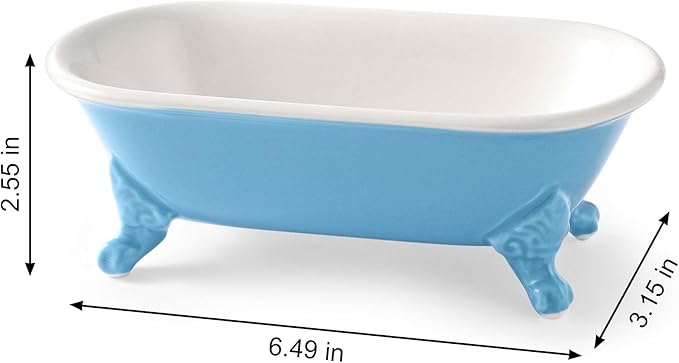 6.5" Ceramic Mini Decorative Clawfoot Bathtub Bar Soap Dish, Kitchen Sponge Holder and Shower Tray for Bathroom, 1 Pack(Pacific Blue)