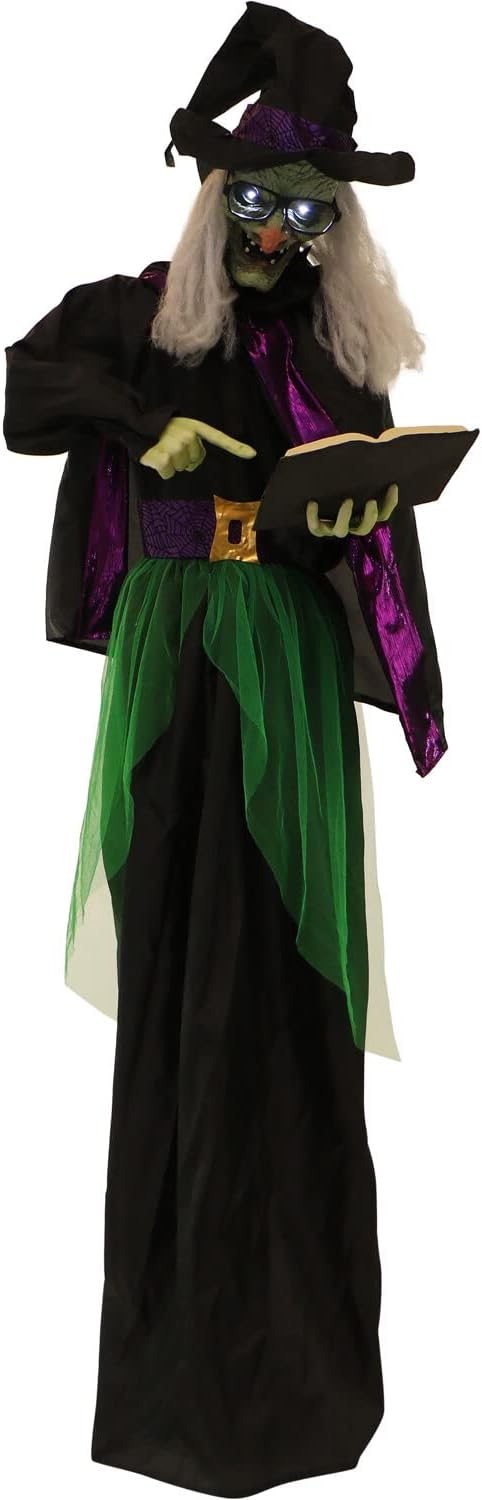Haunted Hill Farm Life-Size Scary Talking Witch Holding Spell Book, Halloween Animatronic with Touch Activated Lights and Sound, Battery Operated Indoor or Covered Outdoor Halloween Decorations