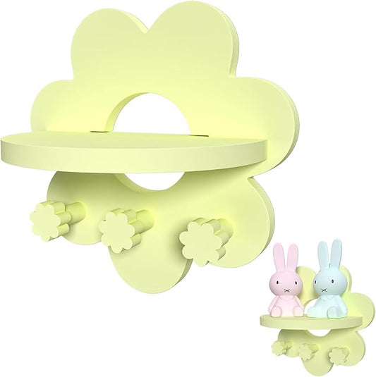 Floating Shelf for Wall, Hanging Display Wall Shelf with Hooks Wooden Daisy Flower Shelf for Bathroom Living Room Bedroom Wall Decor, (Light Yellow)