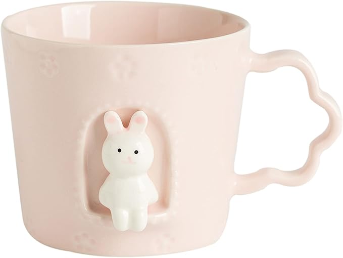DIHOclub Rabbit Ceramic Cup Window Animals Mug Cute Cartoon Handmade Figurine Mugs,Holiday and Birthday Gift for Daughter,Son,Kids,9 OZ (Pink)