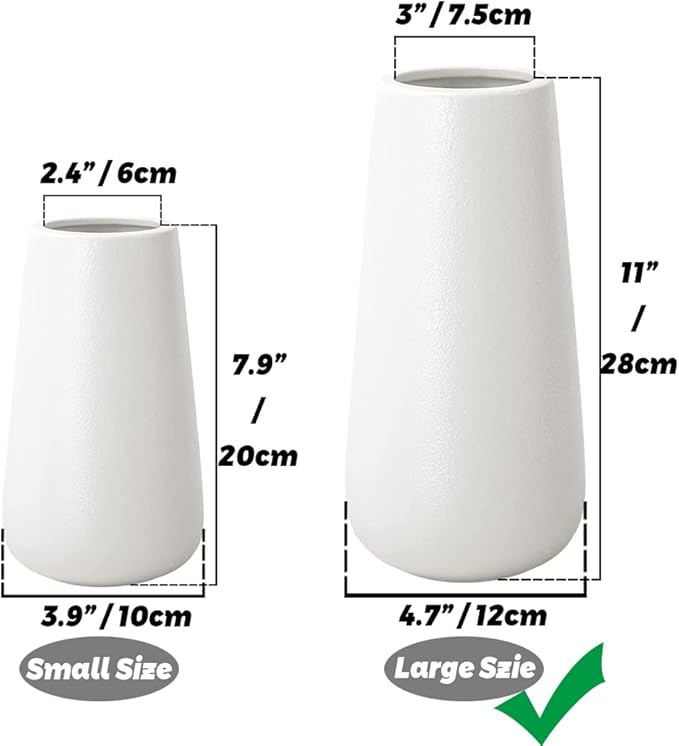 11 Inch Tall Matt White Ceramic Vase for Flowers & Pampas Grass, Classic Rustic Style Decorative Vases for Home Decor Table Centerpieces