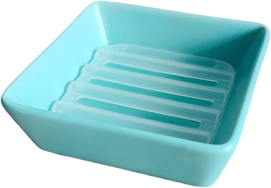 Square Soap Case Ceramic Soap Tray Fit Dr. Squatch Natural Bar Durable Soap Holder for Shower Home Bathroom Soap Dishes Daily Use Sink Bathtub (Blue)