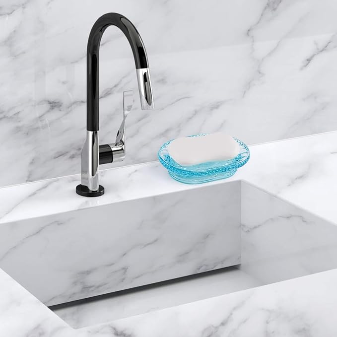 MDLUU Glass Soap Dish, Embossed Bar Soap Holder, Decorative Soap Saver Tray, Vintage Bar Soap Dish for Shower, Bathtub, Bathroom Sink, Kitchen Sink, Pack of 2 (Blue)