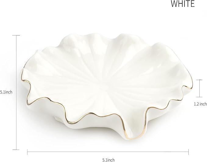 Ceramic Self Draining Soap Dish White Lotus Leaf Soap Holder Waterfall Soap Dish Soap Savers for Bar Soap, for Bathroom, for Shower, for Bar Counter
