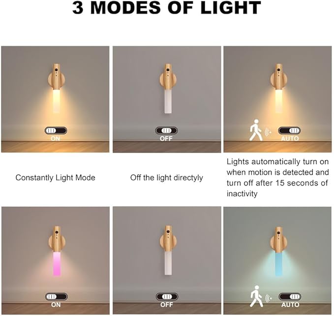 LANDGOO RGB Motion Sensor Night Light, Magnet Body Hallway Atmosphere Lamp, Battery Powered Rechargeable LED Portable Wooden Wall Sconce (RGB Ash Wood 1PC)
