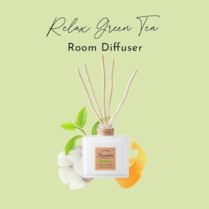 Botanical Room Diffuser for Home - Scent Diffuser for Home, Room Freshener & Shelf Decor - Elegant Home Fragrance, Ideal Reed Diffusers for Home, Office, Living Room - 80ml, Relax Green Tea