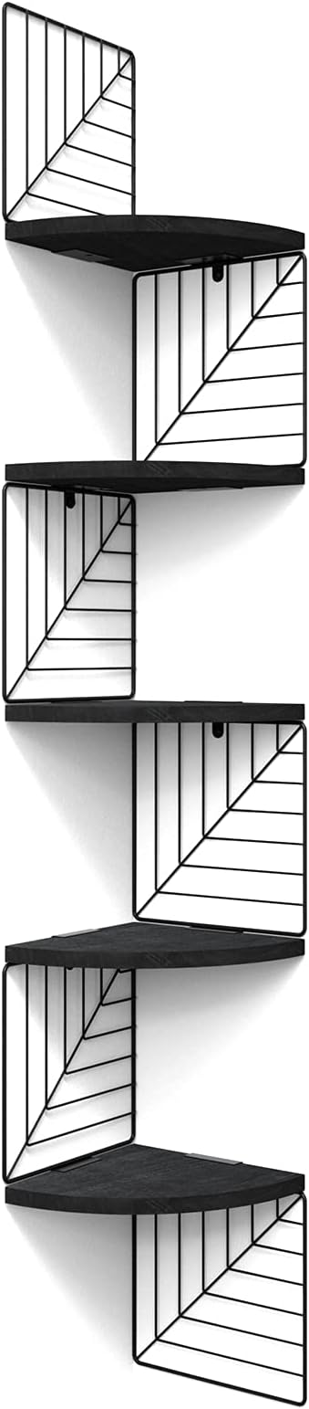 Love-KANKEI Corner Shelf Wall Mount of 5 Tier Rustic Wood Floating Shelves Wall Shelves for Bedroom Living Room Bathroom Kitchen Office and More Black