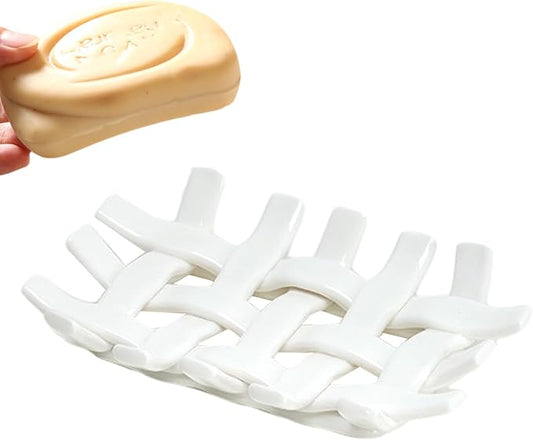 Ceramic Soap Dish with Self Drain for Shower, Bar Soap Holder to Lift and Keep Dry, Concave Design to Prevent Slipping, Suitable for Kitchen and Bathroom, White