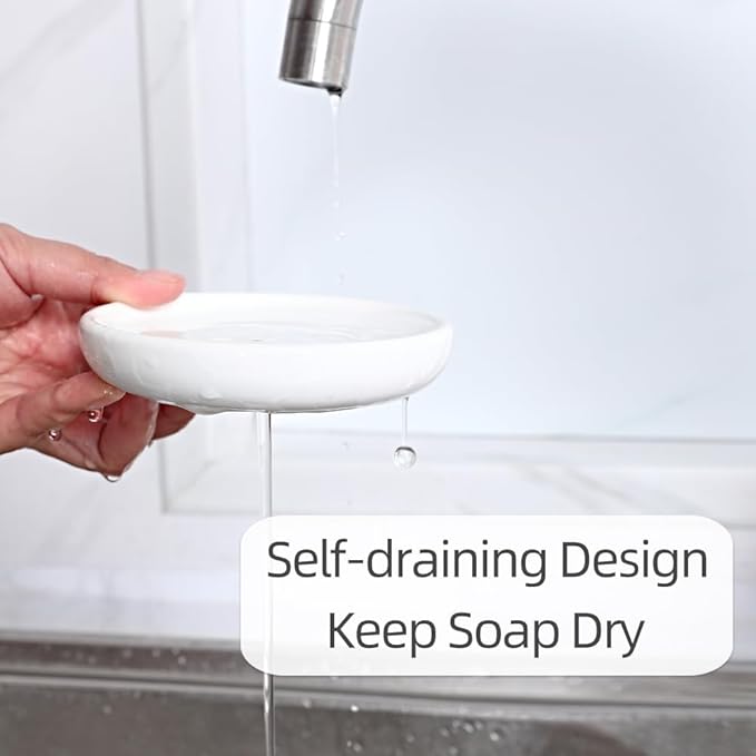 Round Self Draining Soap Dish, Small Ceramic Tray, Cute Jewelry Dish, Keep Soap Dry & Bathroom Décor (White)
