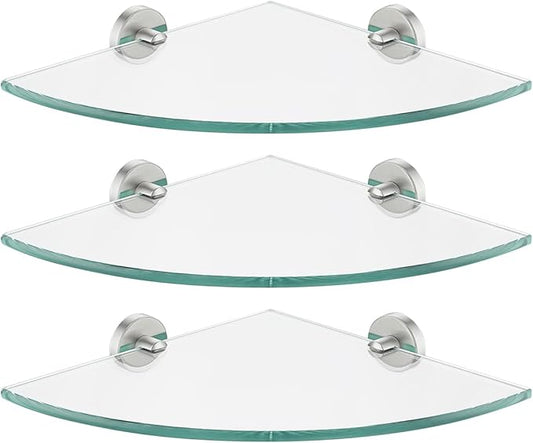 JQK Corner Glass Shelf, Brushed Steel Bathroom 304 Stainless Steel Shower Triangle Floating Wall Shelf, 10 x 10 Tempered Glass, 3 Pack, TGS190L10-BN-P3