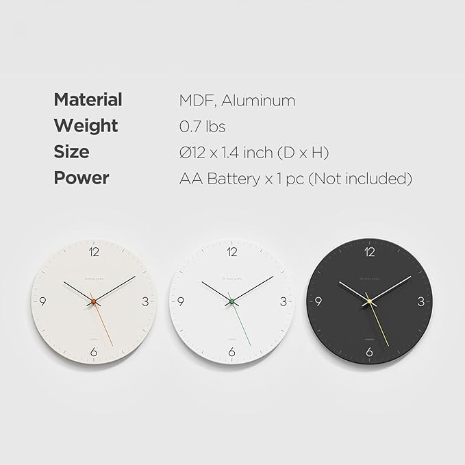 mooas Flatwood Wall Clock,12" Non-Ticking Sweep Movement Decorative Battery Operated Wall Clock for Home Living Room Kitchen Bedroom Office School (Simple Black)