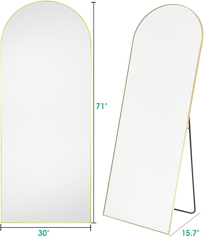 Arched Full Length Mirror, 30" x 71" Oversized, Freestanding or Wall Mounted for Bedroom, Gold