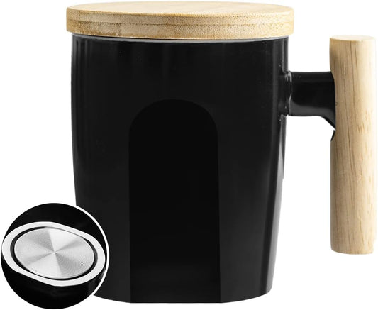 HOWAY Flat Bottom Mug with Wood Lid, Ceramic Tea Cup for Coffee Warmer, Flat Bottomed, Wooden Handle, 14oz